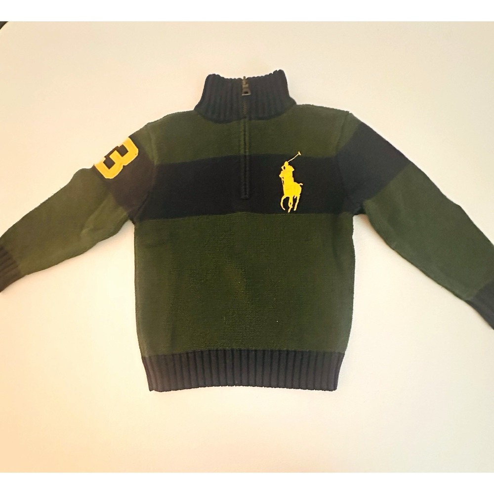 Polo Ralph Lauren Boys 4 Green/Navy Striped 1/4 Zip Mock Neck Cotton Sweater
